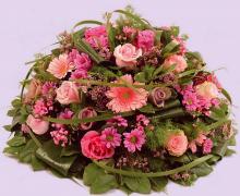 Coussin rond ton de rose avec roses gerberas chrysanthèmes wax  - Boutique Vergez Tarnos